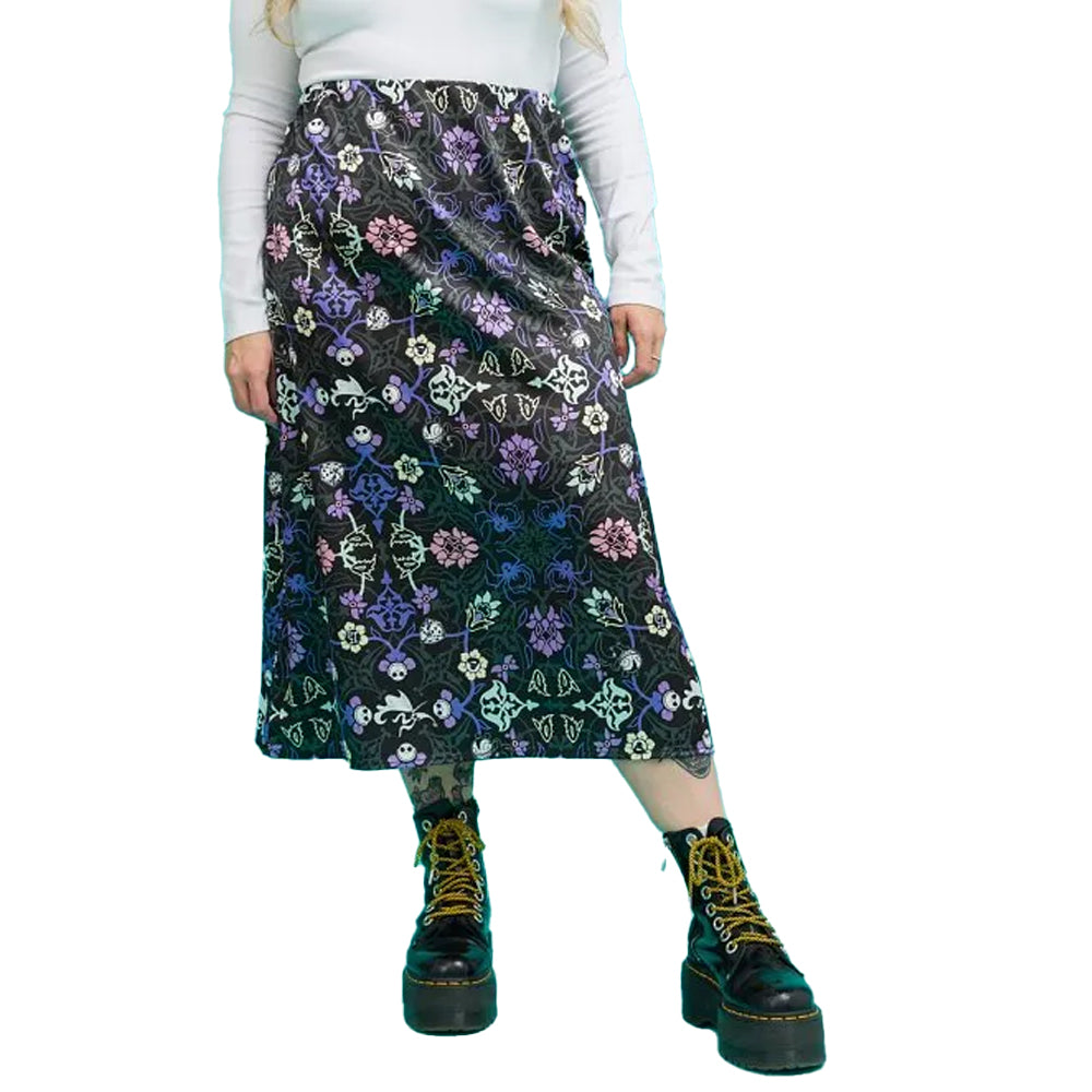 Multicoloured - Side - Nightmare Before Christmas Womens-Ladies Floral Satin Midi Skirt