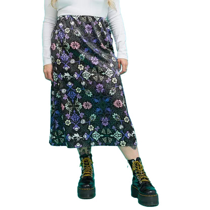 Multicoloured - Side - Nightmare Before Christmas Womens-Ladies Floral Satin Midi Skirt