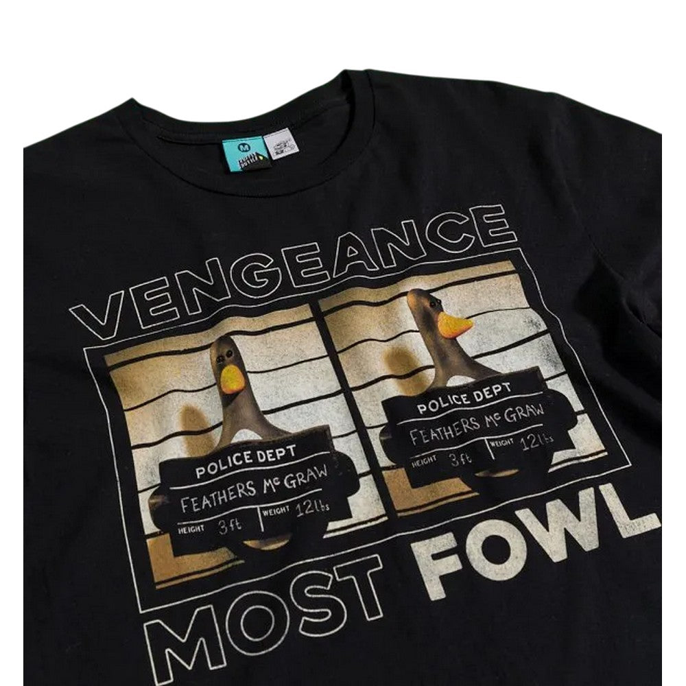 Black-Charcoal - Side - Wallace and Gromit Unisex Adult Vengeance Most Fowl Feathers McGraw Mugshot T-Shirt