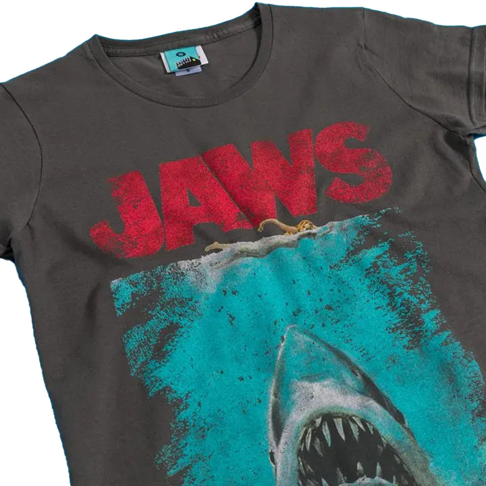 Black-Charcoal - Side - Jaws Womens-Ladies Movie Poster Distressed Fitted T-Shirt