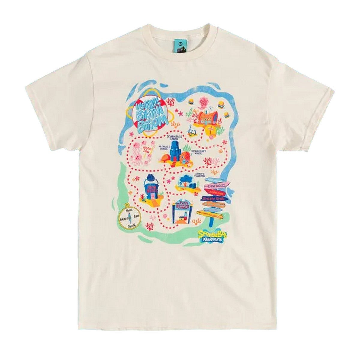 Beige - Front - SpongeBob SquarePants Unisex Adult Bikini Bottom Map T-Shirt
