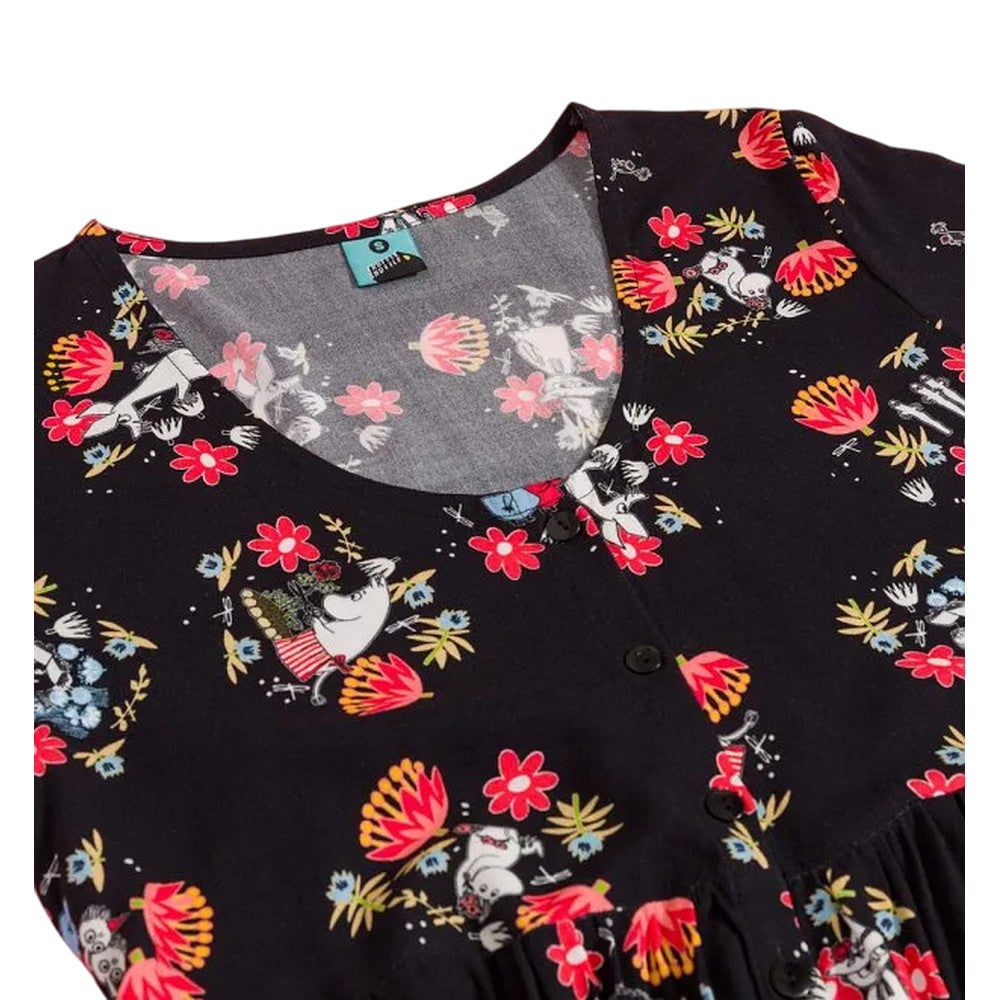 Black - Side - Moomin Womens-Ladies Floral All-Over Print Midi Dress