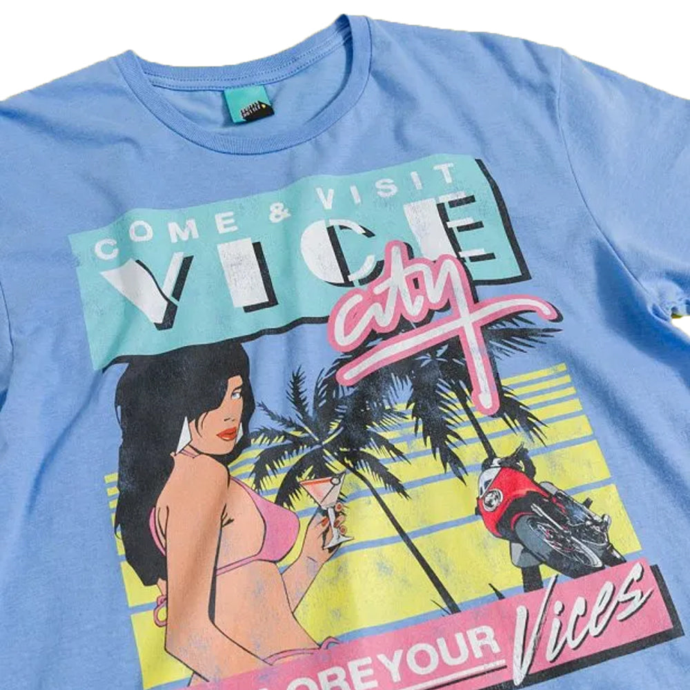 Blue - Side - Grand Theft Auto Unisex Adult Come and Visit Vice City T-Shirt