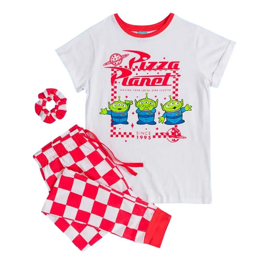 White-Red - Front - Toy Story Womens-Ladies Pizza Planet Aliens Pyjama Set