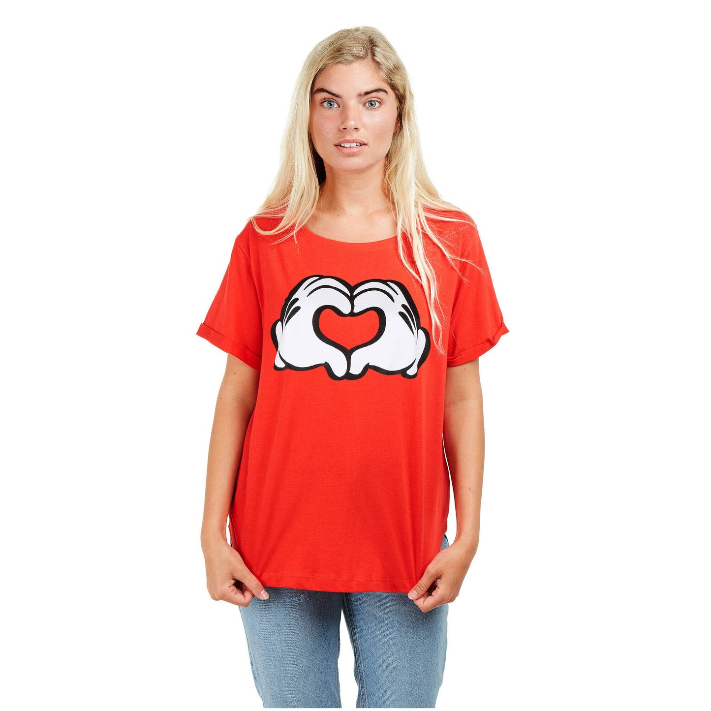 Red - Side - Disney Womens-Ladies Love Hands Mickey Mouse T-Shirt