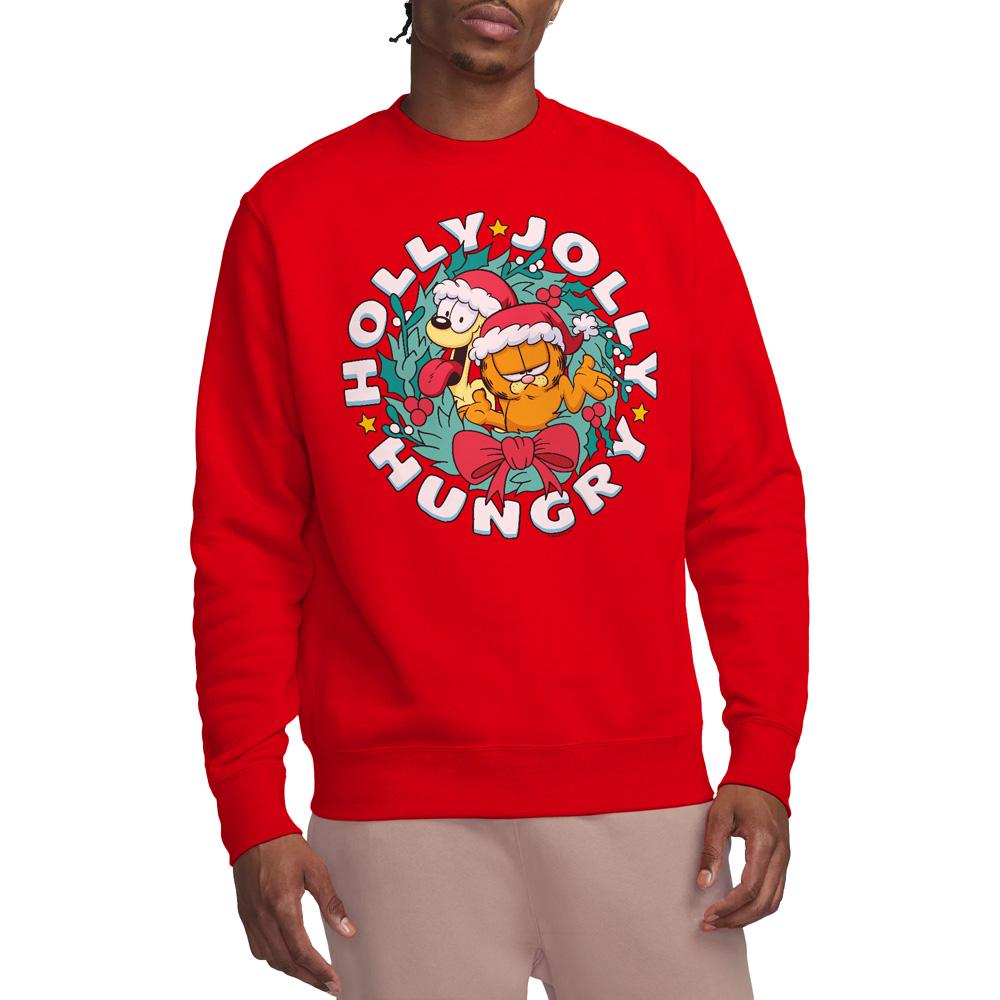 Red - Side - Garfield Unisex Adult Holly Jolly Hungry Odie Christmas Sweatshirt