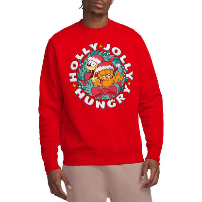 Red - Side - Garfield Unisex Adult Holly Jolly Hungry Odie Christmas Sweatshirt