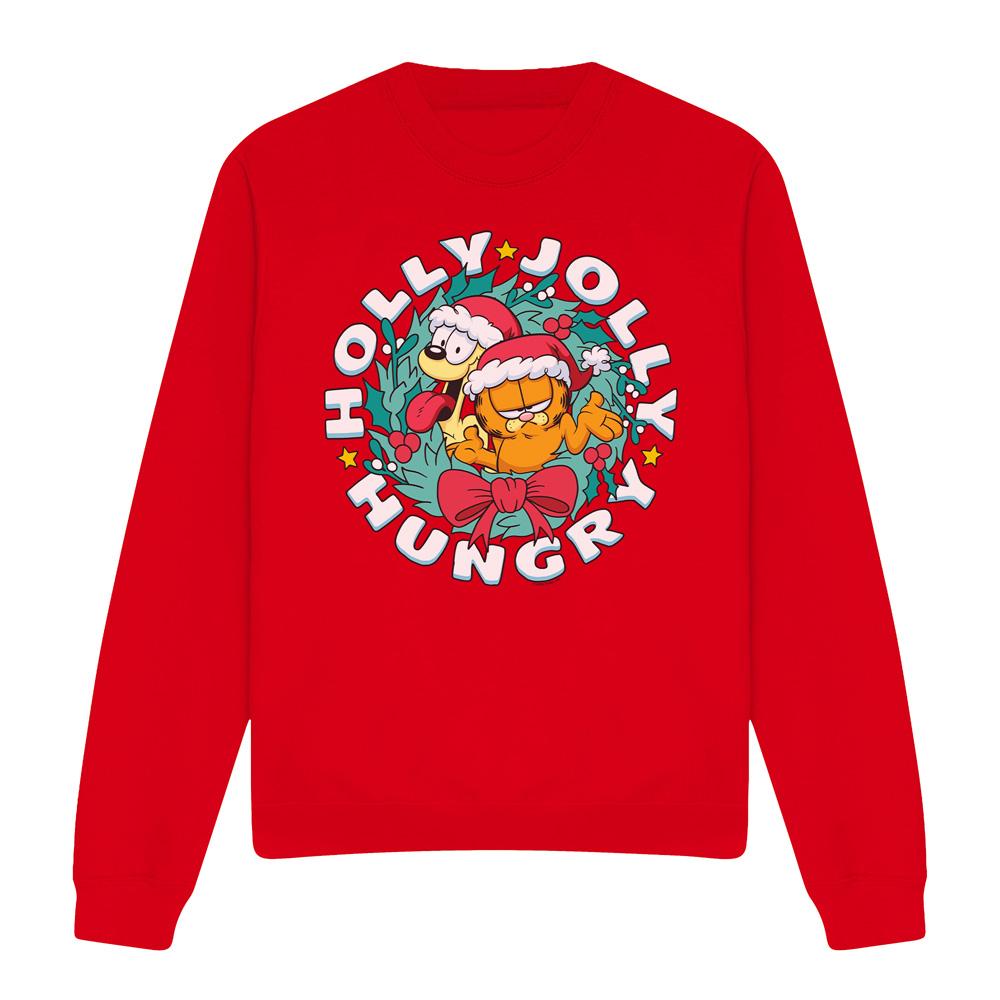 Red - Front - Garfield Unisex Adult Holly Jolly Hungry Odie Christmas Sweatshirt