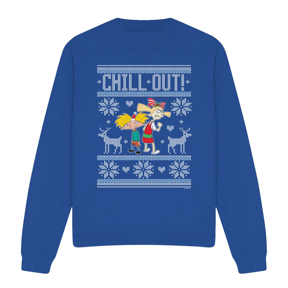Royal Blue - Front - Hey Arnold! Unisex Adult Chill Out Arnold & Helga Christmas Jumper Sweatshirt