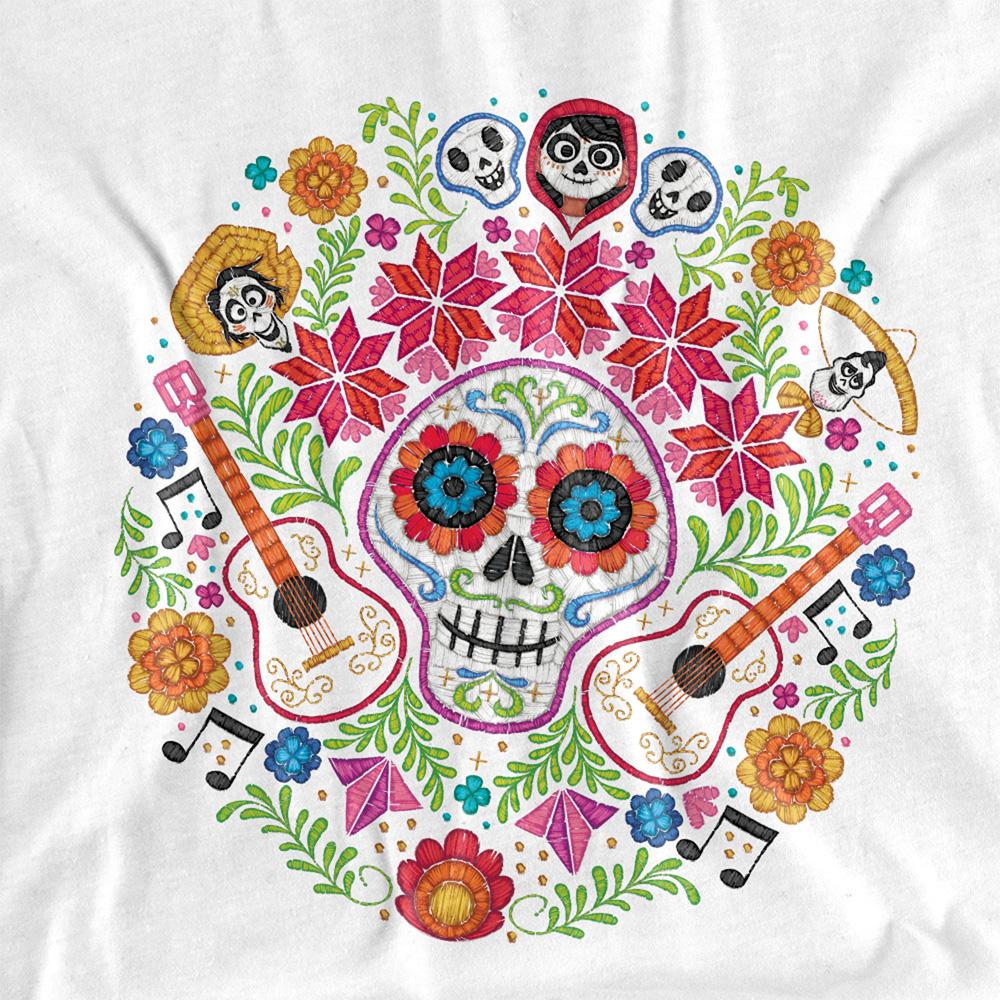 White - Side - Coco Unisex Adult Day Of The Dead Ernesto Miguel Hector Patch T-Shirt