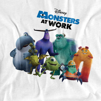 White - Side - Monsters at Work Unisex Adult Mike Sully Tylor Logo T-Shirt