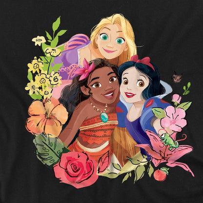 Black - Side - Disney Princess Unisex Adult Rapunzel Moana Snow White Bouquet T-Shirt