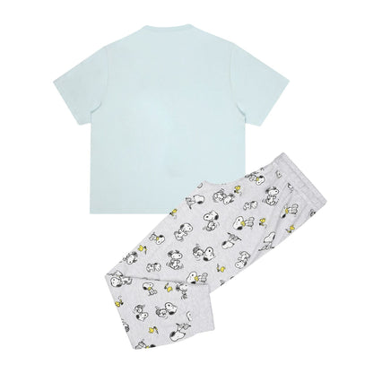 Mint-Grey - Back - Peanuts Womens-Ladies Snoopy & Woodstock Pyjama Set