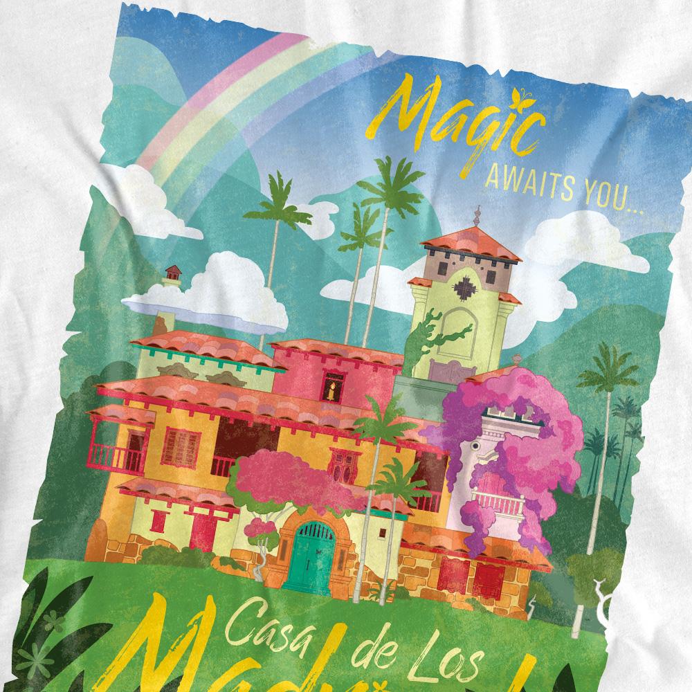 White - Side - Encanto Unisex Adult Magic Awaits You...Casa De Los Madrigal Poster T-Shirt
