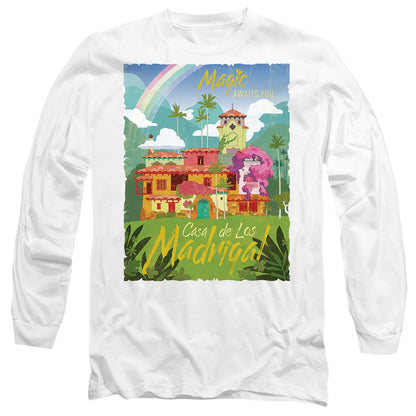 White - Front - Encanto Unisex Adult Magic Awaits You...Casa De Los Madrigal Poster T-Shirt