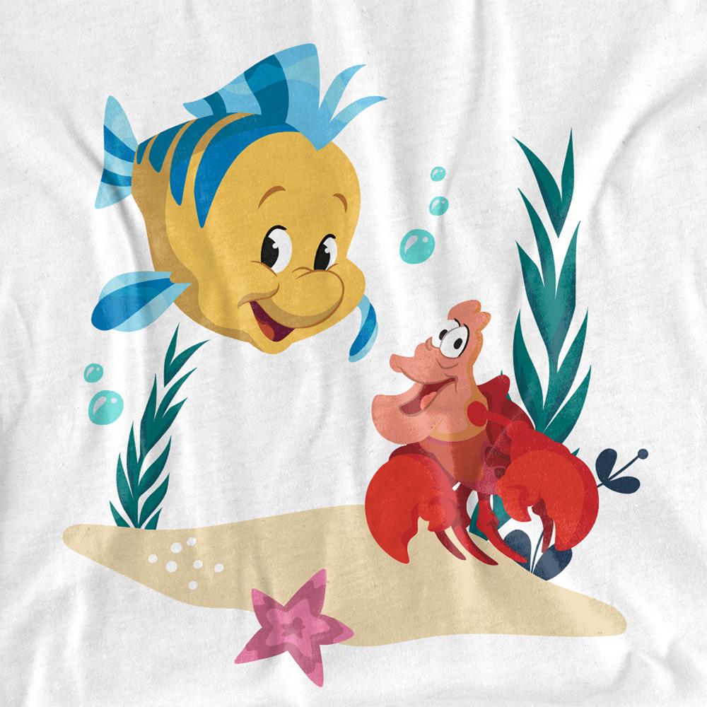 White - Side - The Little Mermaid Unisex Adult Flounder & Sebastian T-Shirt