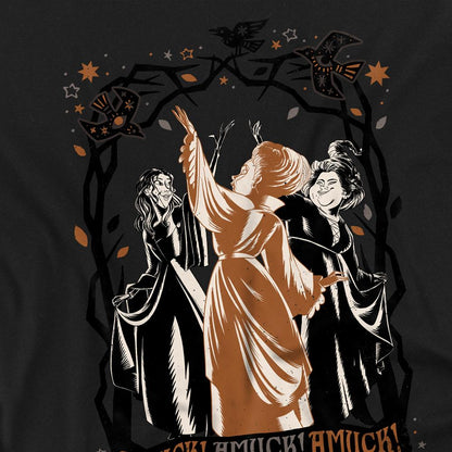 Black - Side - Hocus Pocus 2 Unisex Adult Amuck, Amuck, Amuck! Sanderson Sisters Scene T-Shirt