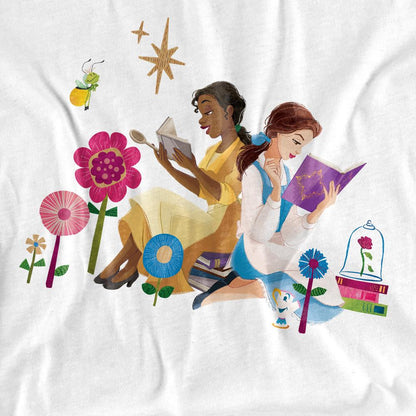 White - Side - Disney Princess Unisex Adult Love To Read Tiana & Belle T-Shirt