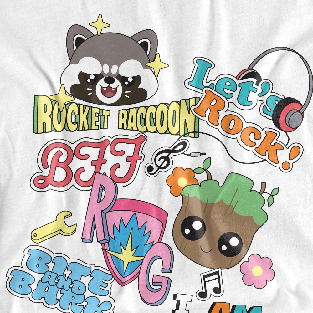 White - Pack Shot - Guardians Of The Galaxy Childrens-Kids Rocket & Groot Stickers T-Shirt