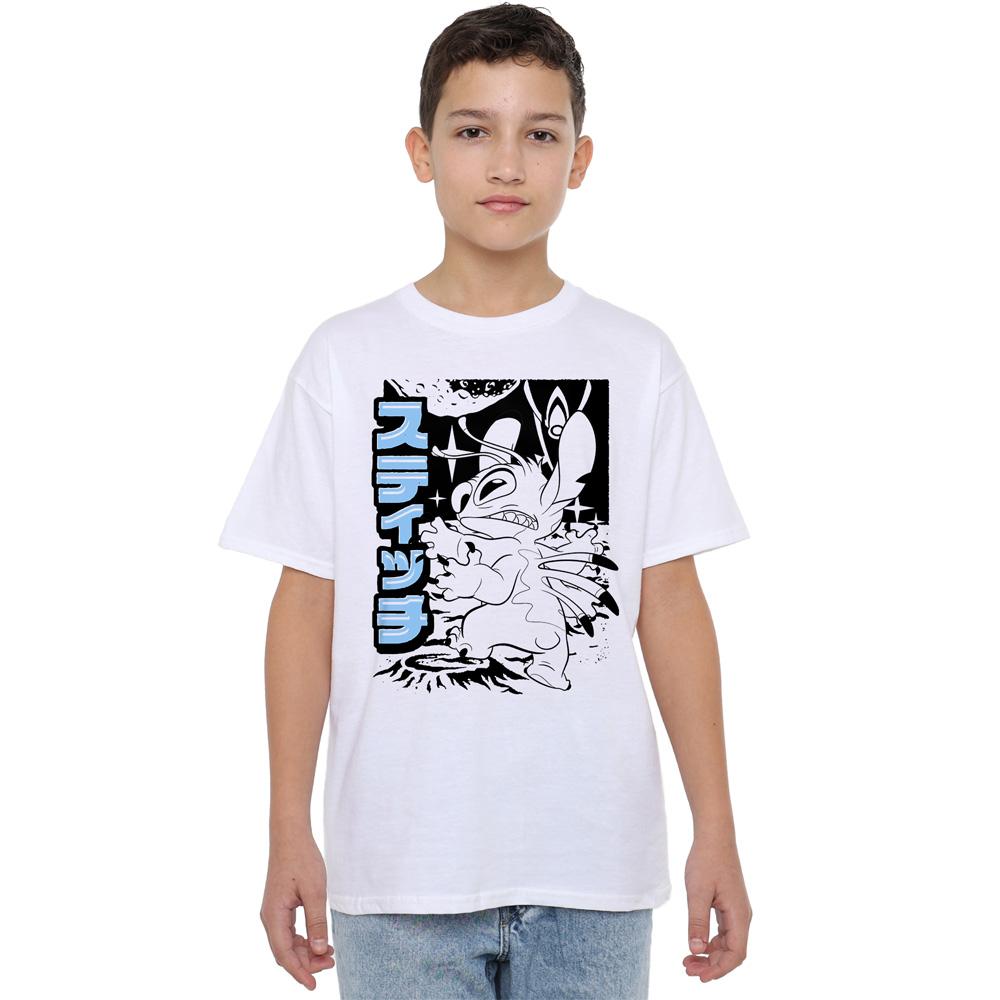 White - Side - Lilo & Stitch Childrens-Kids Stitch Anime T-Shirt