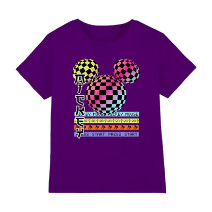 Purple - Front - Mickey Mouse Childrens-Kids Press Start Checkerboard Gradient Logo T-Shirt