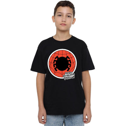 Black - Side - Spider-Man Childrens-Kids Friendly Neighborhood Badge T-Shirt