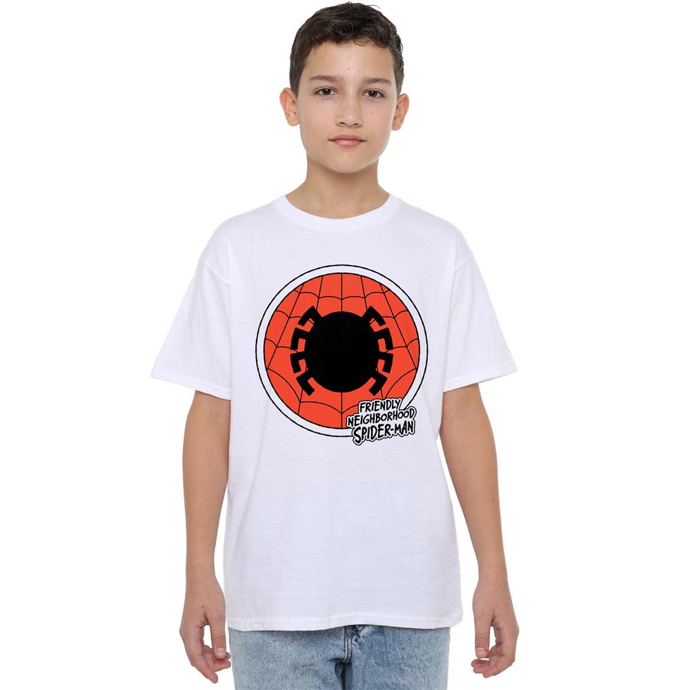 White - Side - Spider-Man Childrens-Kids Friendly Neighborhood Badge T-Shirt