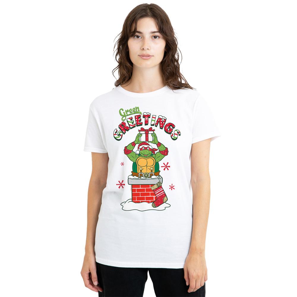 White - Side - Teenage Mutant Ninja Turtles Unisex Adult Green Greetings Christmas Scene T-Shirt