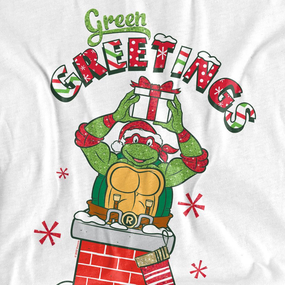 White - Pack Shot - Teenage Mutant Ninja Turtles Unisex Adult Green Greetings Christmas Scene T-Shirt