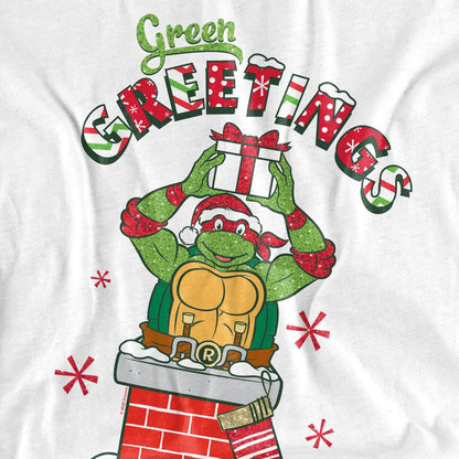 White - Pack Shot - Teenage Mutant Ninja Turtles Unisex Adult Green Greetings Christmas Scene T-Shirt