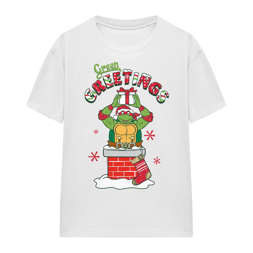 White - Front - Teenage Mutant Ninja Turtles Unisex Adult Green Greetings Christmas Scene T-Shirt