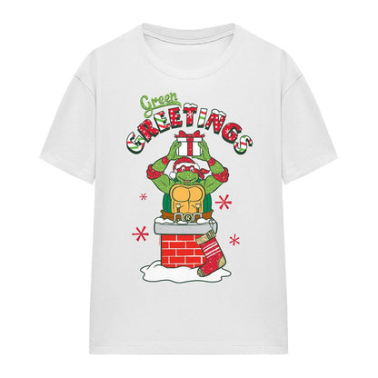 White - Front - Teenage Mutant Ninja Turtles Unisex Adult Green Greetings Christmas Scene T-Shirt