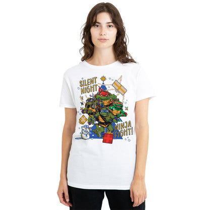 White - Side - Teenage Mutant Ninja Turtles: Mutant Mayhem Unisex Adult Silent Night Ninja Fight Christmas T-Shirt
