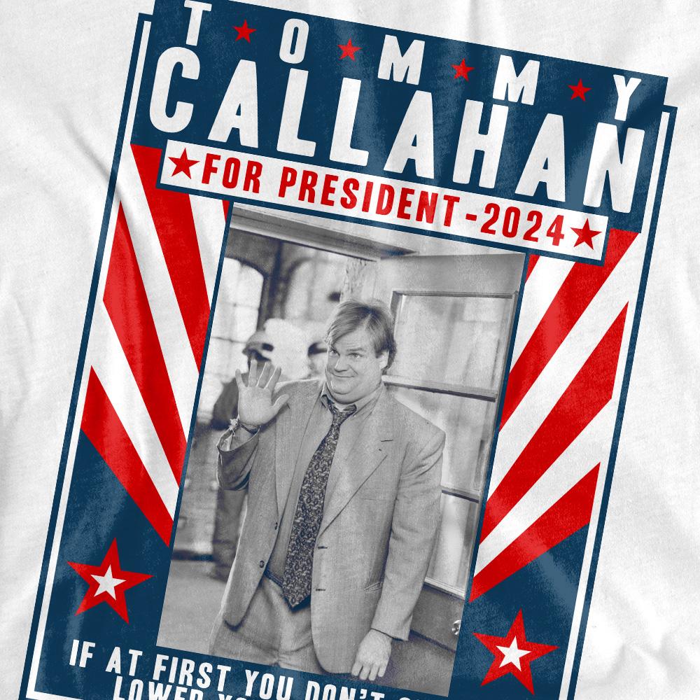 White - Pack Shot - Tommy Boy Unisex Adult Callahan For President 2024 Lower Your Standards T-Shirt