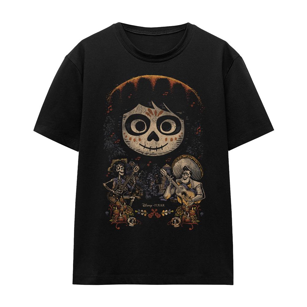 Black - Front - Coco Unisex Adult Ernesto Miguel Hector Painted Poster With Skull T-Shirt