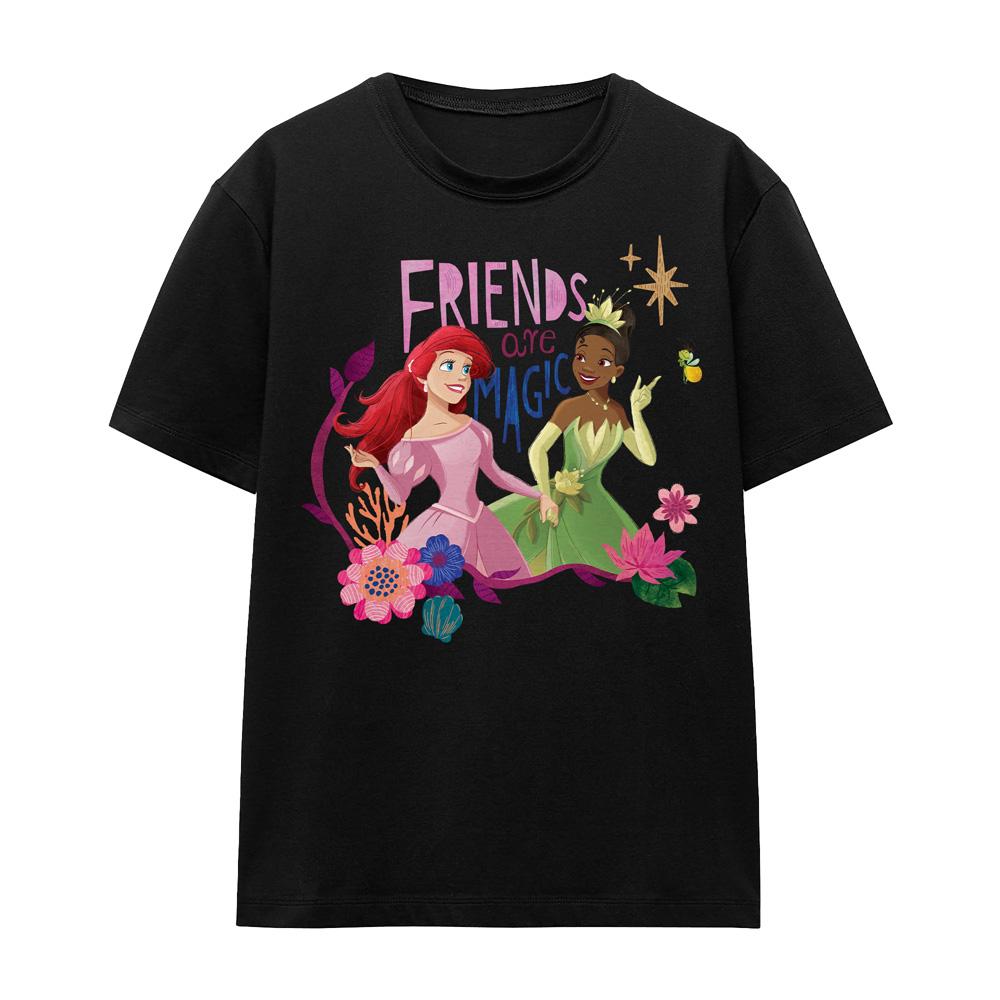 Black - Front - Disney Princess Unisex Adult Friends Are Magic Ariel And Tiana T-Shirt