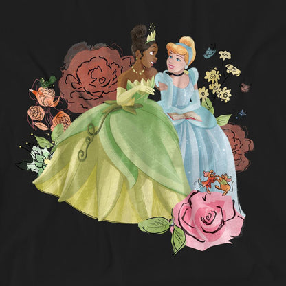 Black - Pack Shot - Disney Princess Unisex Adult In The Garden Tiana And Cinderella T-Shirt