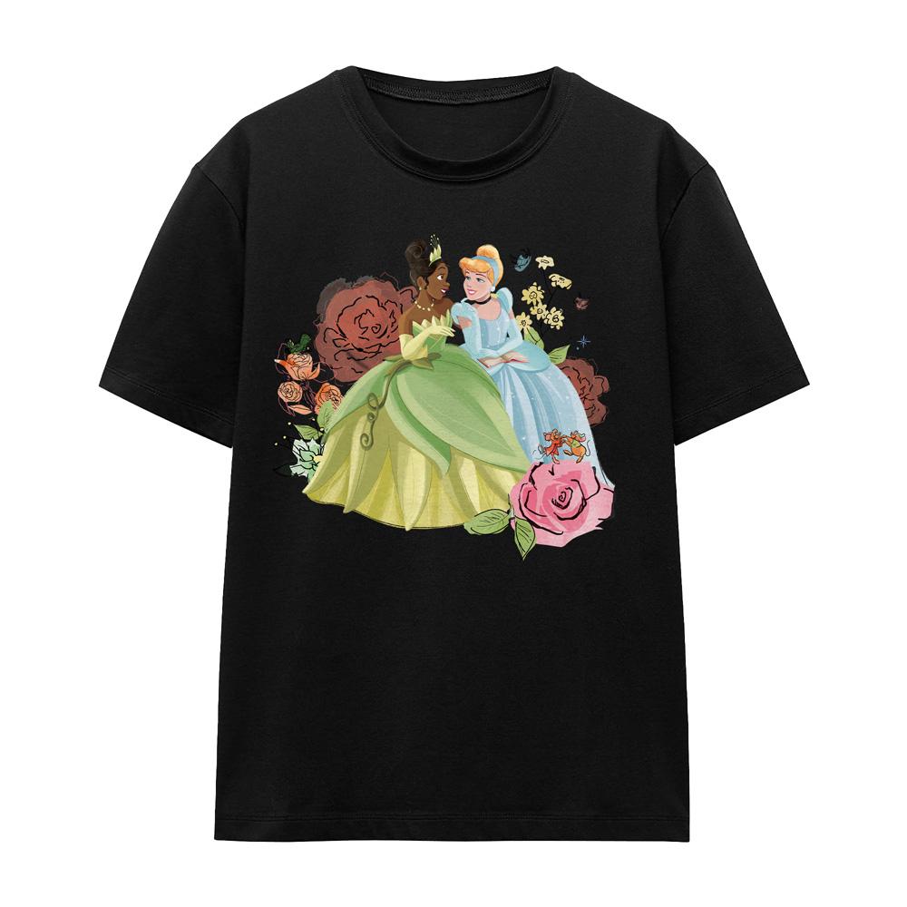 Black - Front - Disney Princess Unisex Adult In The Garden Tiana And Cinderella T-Shirt