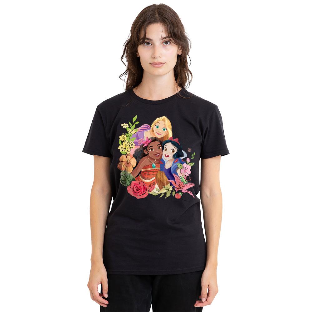 Black - Side - Disney Princess Unisex Adult Rapunzel Moana Snow White Bouquet T-Shirt