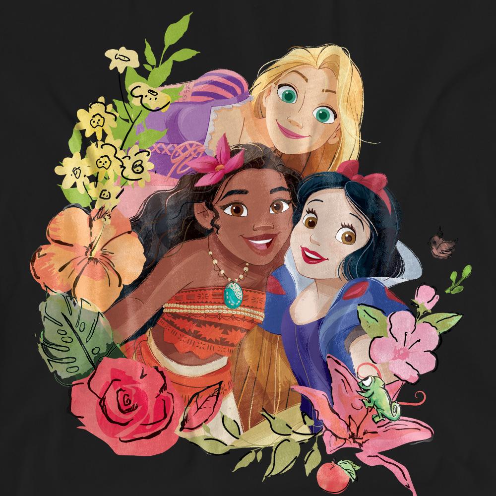 Black - Pack Shot - Disney Princess Unisex Adult Rapunzel Moana Snow White Bouquet T-Shirt