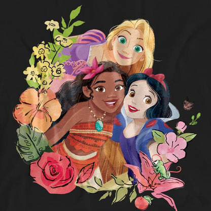 Black - Pack Shot - Disney Princess Unisex Adult Rapunzel Moana Snow White Bouquet T-Shirt