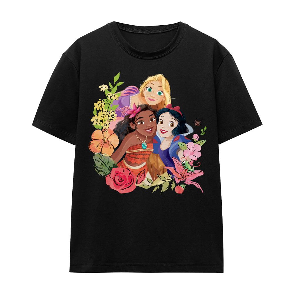Black - Front - Disney Princess Unisex Adult Rapunzel Moana Snow White Bouquet T-Shirt