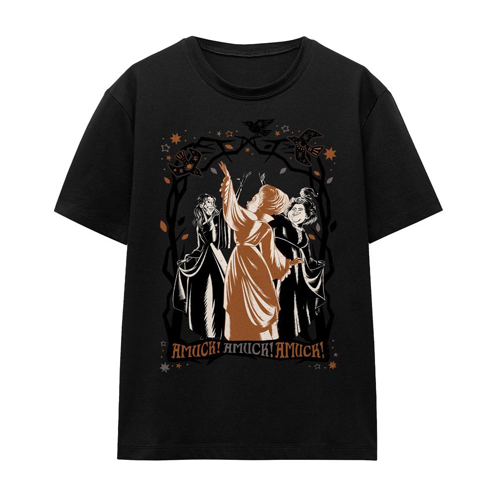 Black - Front - Hocus Pocus 2 Unisex Adult Amuck, Amuck, Amuck! Sanderson Sisters Scene T-Shirt