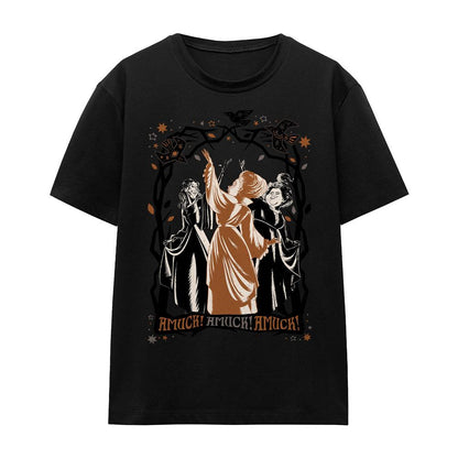 Black - Front - Hocus Pocus 2 Unisex Adult Amuck, Amuck, Amuck! Sanderson Sisters Scene T-Shirt