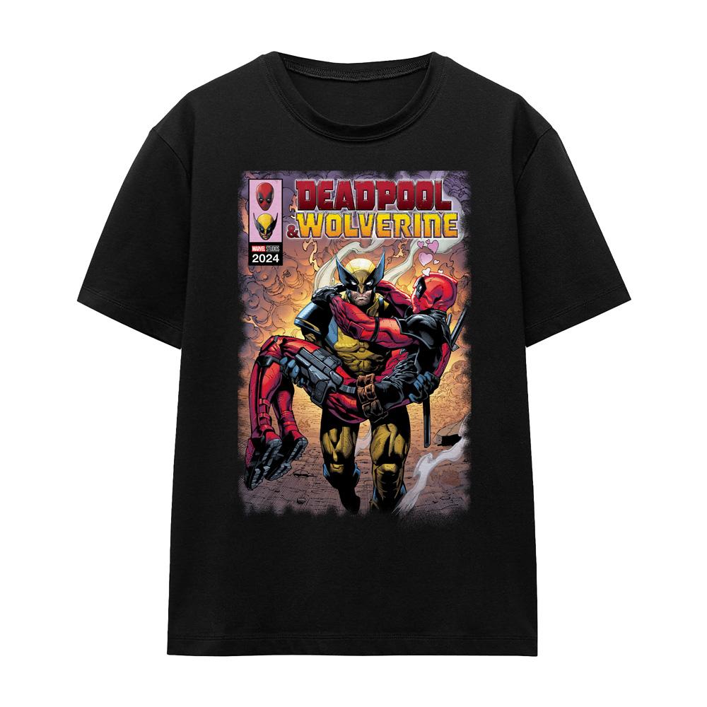 Black - Front - Deadpool & Wolverine Unisex Adult Wolverine Saves Deadpool Comic T-Shirt