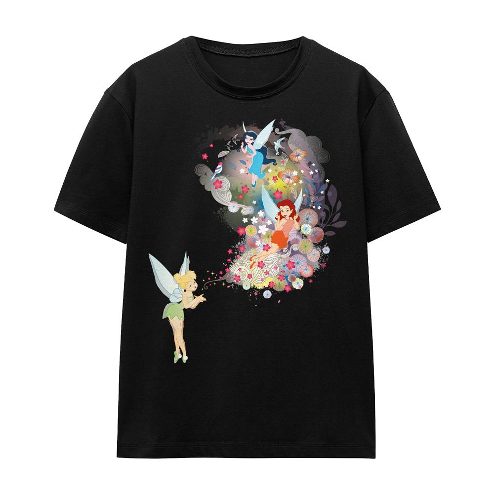 Black - Front - Disney Fairies Unisex Adult Fun Tinker Bell Rosetta Silvermist Floral T-Shirt