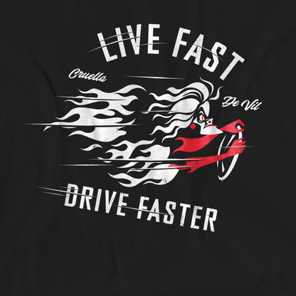 Black - Side - Disney Villains Unisex Adult Live Fast, Drive Faster Cruella De Vil T-Shirt