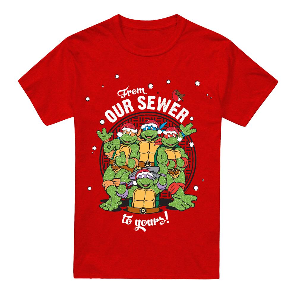 Red - Front - Teenage Mutant Ninja Turtles Unisex Adult Merry Christmas From Our Sewer T-Shirt