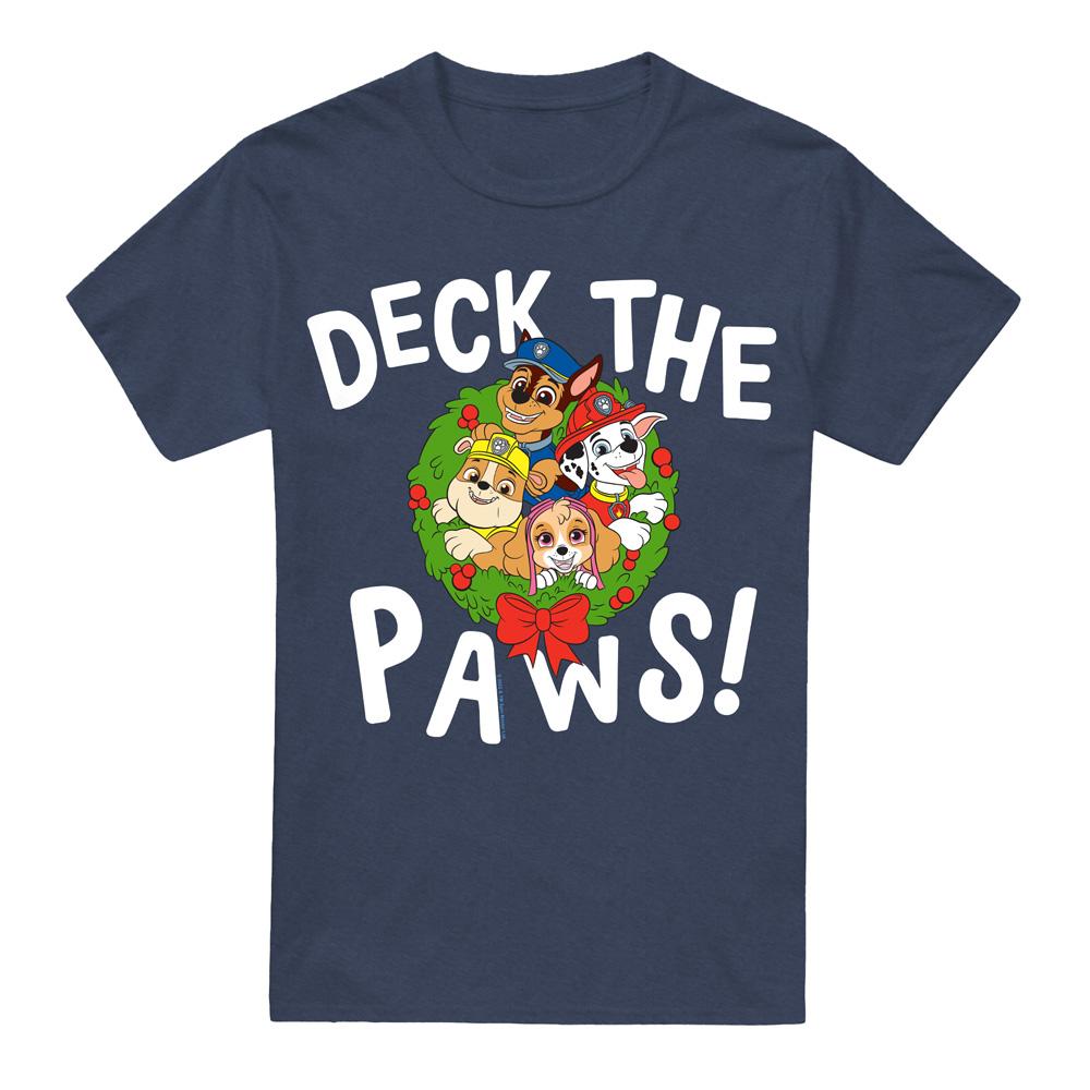 Navy - Front - Paw Patrol Unisex Adult Deck The Paws Christmas T-Shirt