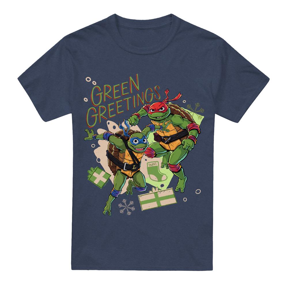 Navy - Front - Teenage Mutant Ninja Turtles: Mutant Mayhem Unisex Adult Christmas Greetings Leonardo & Raphael T-Shirt